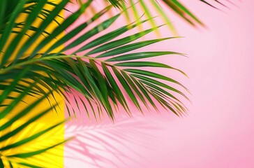 Fototapeta na wymiar Cover with realistic tropical leaves on pastel pink background. Exotic fashion concept. Flat plan, top view with copy space. Quiet luxury. 