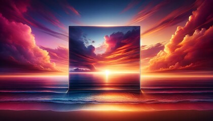 Surreal Sunset Portal: A Square Gateway Opening to a Vivid Sky and Reflective Ocean, Blurring the Lines Between Reality and Imagination