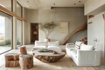 Minimalist living room retreat, with its emphasis on clean lines, natural materials, and a subdued color palette that promotes a sense of peace and tranquility