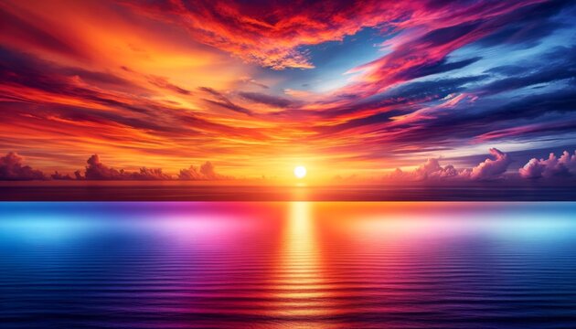 Vivid Sunset Horizon Over Calm Waters with Radiant Light Reflections and Clouds in a Spectrum of Warm and Cool Tones, Peaceful Scenery