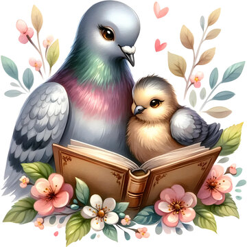 Animals Mom & Kid Reading Book Watercolor Clipart PNG, Mother's Day, Mom Gift