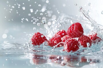 Raspberries splashing into water with a splash on a white background