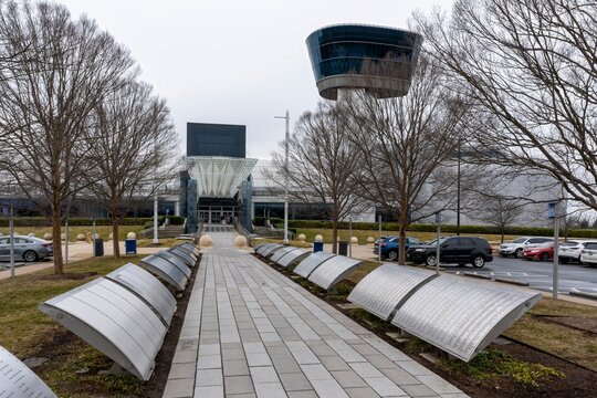 The exterior entranceway and observation tower at the National Air and Space Museum Steven F. Udvar-Hazy Center.