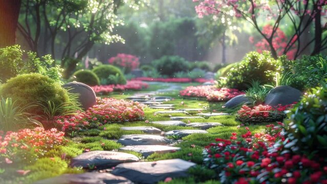 Sunlit Garden Abloom with Flowers and Fluttering Butterflies. Nature Background Video. Generative AI