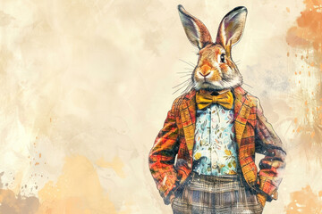 Rabbit in a bow tie, colourful sketch illustration.
