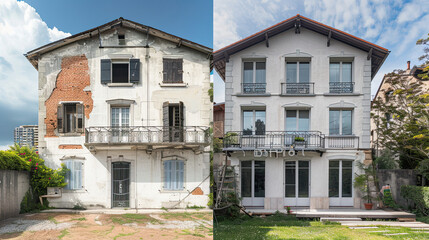 Fototapeta na wymiar Renovated house, both before and after the restoration process. 