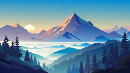 Foggy mountain landscape without cloud in sky vector art illustration and Background