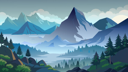 Foggy mountain landscape without cloud in sky vector art illustration and Background