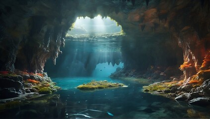 Amazing view in a fantasy cave with a clear river.