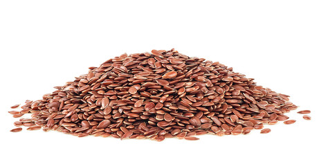 Pile of brown flax seeds isolated on a white background. Group of linseeds. - 759952606