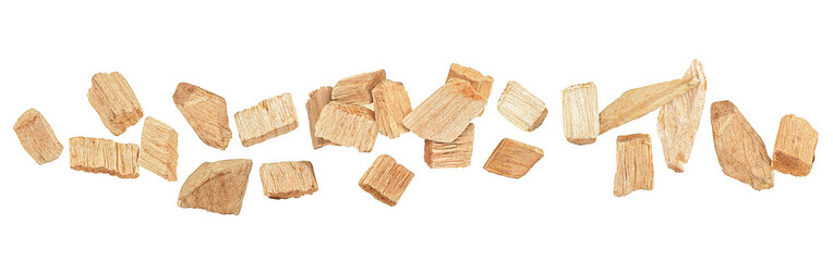 Mixed wooden chips isolated on a white background, top view. Wood smoking chips.