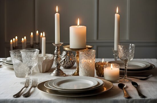 an elegant dinner table lit by candlelight
