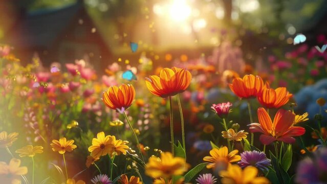Sunlit Garden Abloom with Flowers and Fluttering Butterflies. Nature Background Video. Generative AI