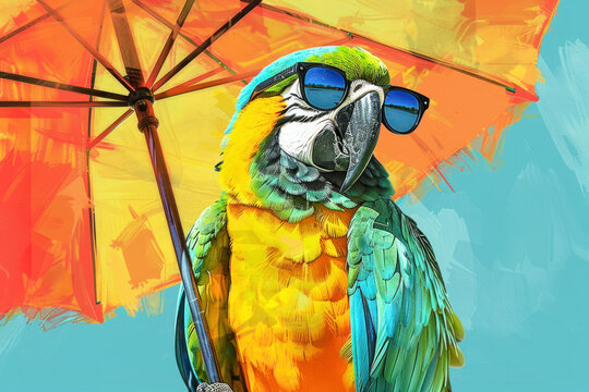 Parrot with sunglasses and a beach umbrella, colourful sketch illustration.
