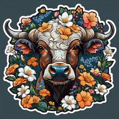 Detailed Cape Buffalo with Floral Sticker on Dark Background Gen AI
