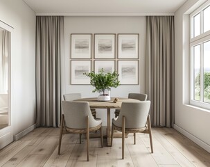 Light and airy dining room with a light wood round table, six frames on the wall above it