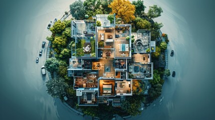 An aerial view of a property metaverse where users can explore virtual neighborhoods interact with real estate agents and visualize their future homes in a fully immersive digital experience. - obrazy, fototapety, plakaty