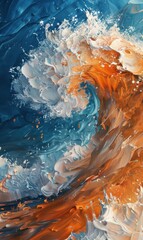 A painting depicting a large wave crashing in the ocean with foamy spray and swirling patterns.