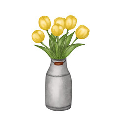 Yellow tulip bouquet, spring flowers in watering can, watercolor illustration