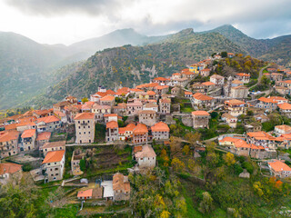 Drone view of Dimitsana greek village in Arcadia region, Peloponnese, Greece