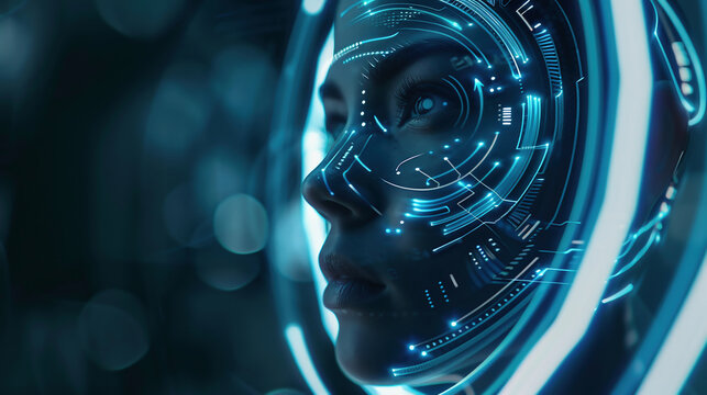 Virtual assistant HUD user display technology. AI artificial intelligence robot support. Chatbot human brain neural network low poly  illustration - Powered by Adobe