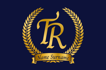 Initial letter T and R, TR monogram logo design with laurel wreath. Luxury golden calligraphy font. - obrazy, fototapety, plakaty