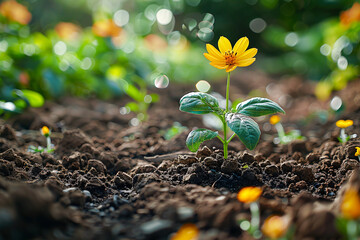 small freshly planted flowers in the flower bed - obrazy, fototapety, plakaty