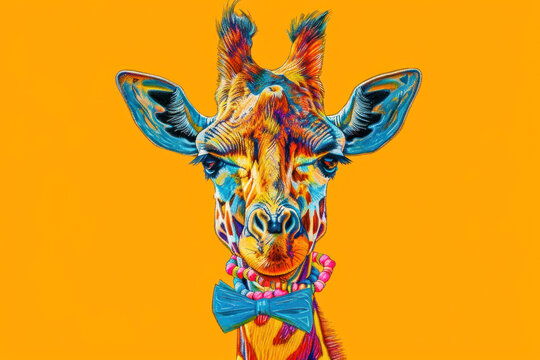 Giraffe with a bow tie and bracelets on its neck, colourful sketch illustration.
