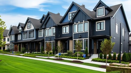 Modern Two-Story Town Houses with Black and Blue Exteriors in a Suburban Neighborhood