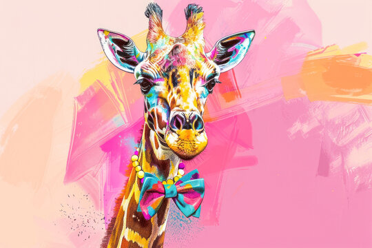 Giraffe with a bow tie and bracelets on its neck, colourful sketch illustration.