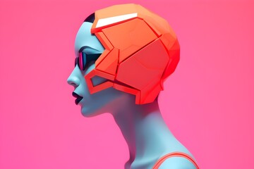 Futuristic Origami-Inspired Headwear Adorning a Woman's Side Profile in a 3D Rendering