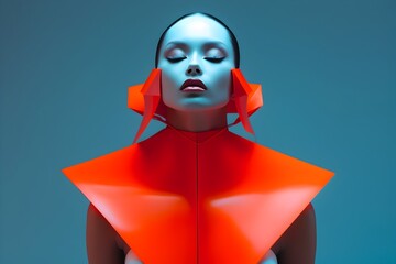 Alien Model in Origami-Inspired Fashion Attire with Calm Eyes and Soft Shadows