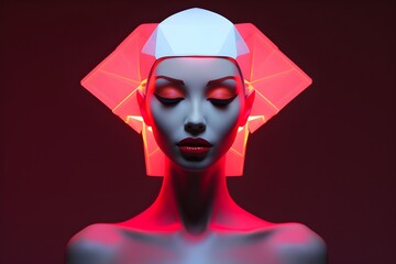 Afrofuturistic Woman in Illuminated Origami Headdress Radiating with Red Neon Lights