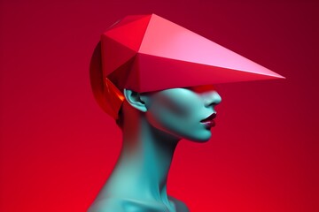 Geometric Polygonal Head with Origami Hat in Minimalistic Red Backdrop - High Fashion Conceptual Design