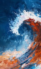 A dynamic painting capturing the power and movement of a wave crashing in the ocean, showcasing the force of nature at its peak.