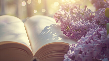 Open book with branch lilac close up