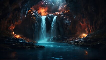 Fototapeta na wymiar Panoramic view of the waterfall hidden in the cave.