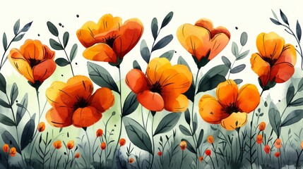 a painting of a field of orange flowers with green leaves and red berries on the bottom of the flowers, with a white background.