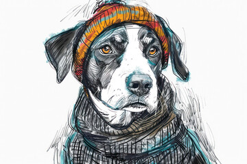 Dog in a sweater and an ear-flap hat, colourful sketch illustration.