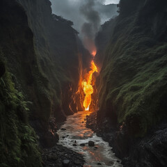 Volcano eruption streaming down into the water in a rainforest
