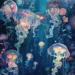 Mystical Depths: Luminescent Jellyfish Ballet