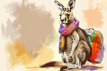 Kangaroo with a backpack and scarf, colourful sketch illustration.