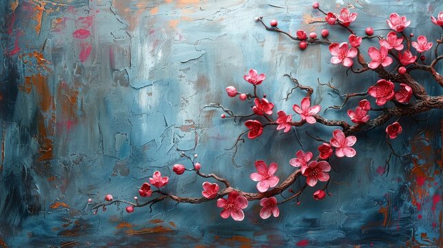 a painting of a branch with pink flowers on a blue and red background with a red and white painting of a branch with pink flowers on a blue and red background.
