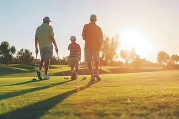 Family golfers playing golf at sunny day, back view. Father, son and grandfather spending together summer day.