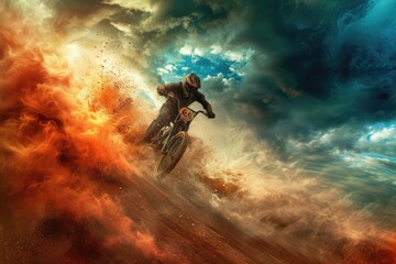 A motorcyclist on a motorcycle in motion against a background of fire, smoke and sky.