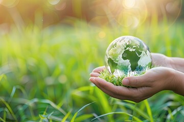 Hand holding a crystal glass sphere with green nature background. Earth day. Environment day, save clean planet, ecology concept.