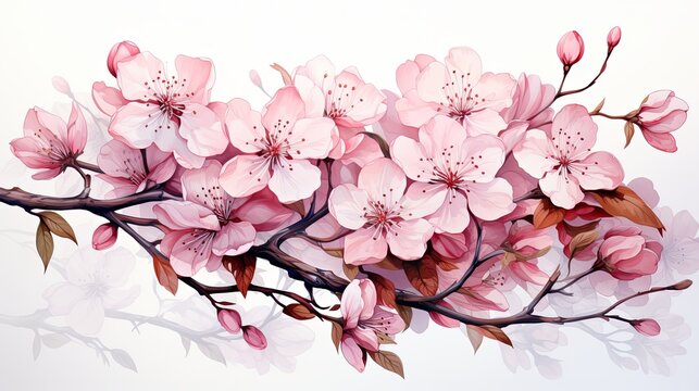 Beautiful Watercolor cherry blossom branch and sakura cherry pink flower illustration isolated on white background