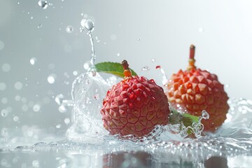Fresh lychees in water with bubbles on a white background.