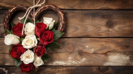 Background. White, red roses and a heart shape on a wooden background. Copy Space