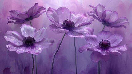 a group of purple flowers with water droplets on them in front of a purple and pink background with water droplets on the petals.